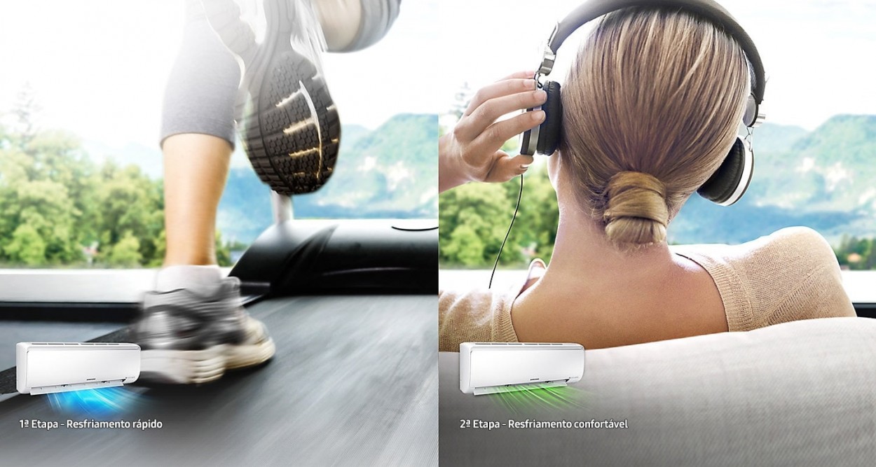Imagem dividida ao meio para mostrar o resfriamento em duas etapas. À esquerda, a imagem de uma mulher correndo na esteira representando o resfriamento rápido. Miniatura do produto em perspectiva com raios azuis saindo do seu interior com o texto: 1ª Etapa - Resfriamento rápido. À Direita, a imagem de uma mulher sentada de costas em um sofá, com fone de ouvido e relaxando. Miniatura do produto perspectiva com raios verdes saindo do seu interior e o texto: 2ª Etapa - Resfriamento confortável.
